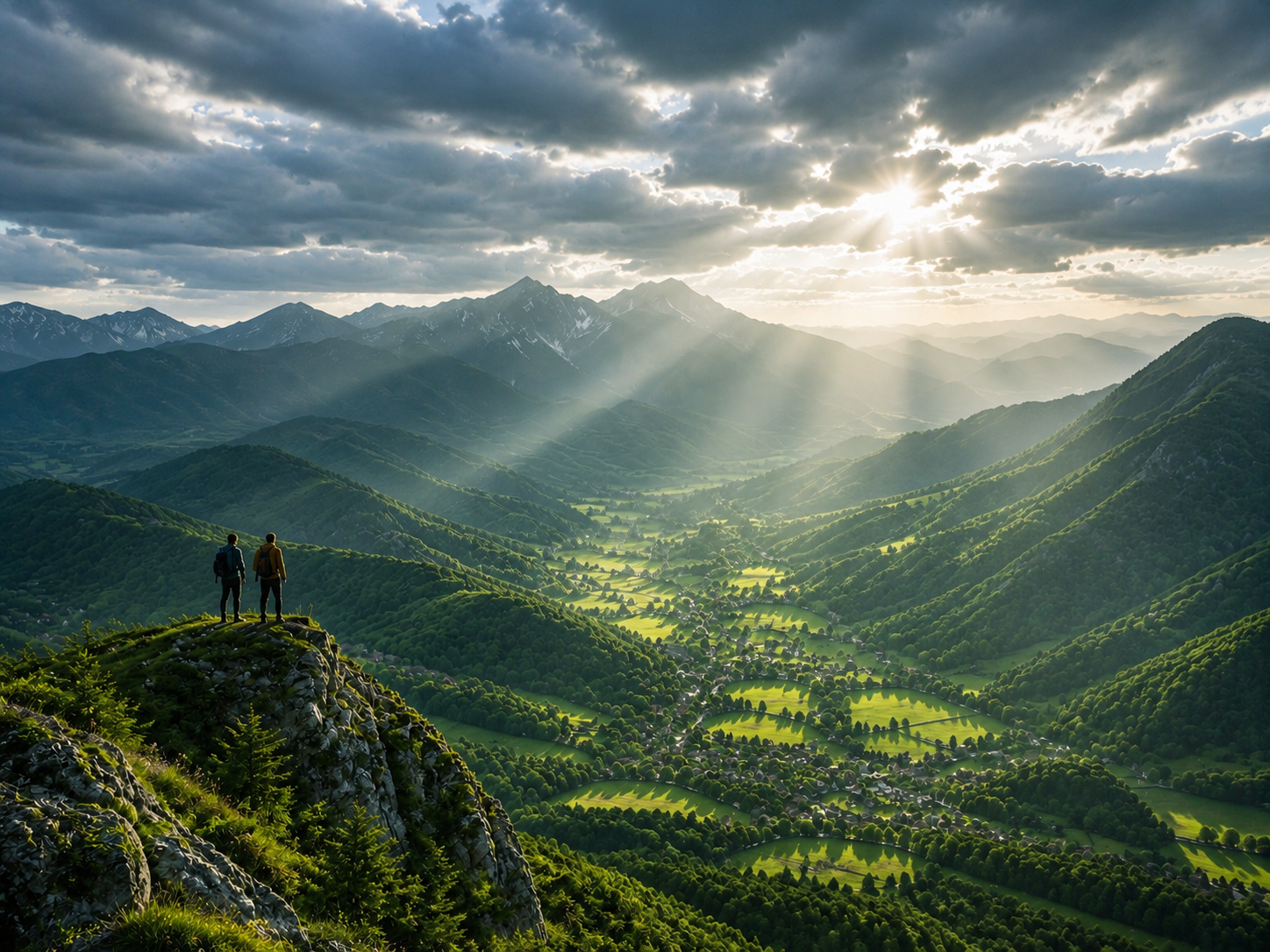 Sunlit green mountain valley