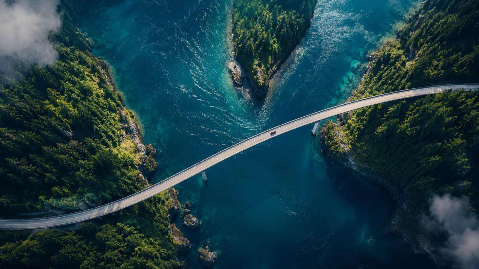 A winding bridge connecting forested islands across deep blue water